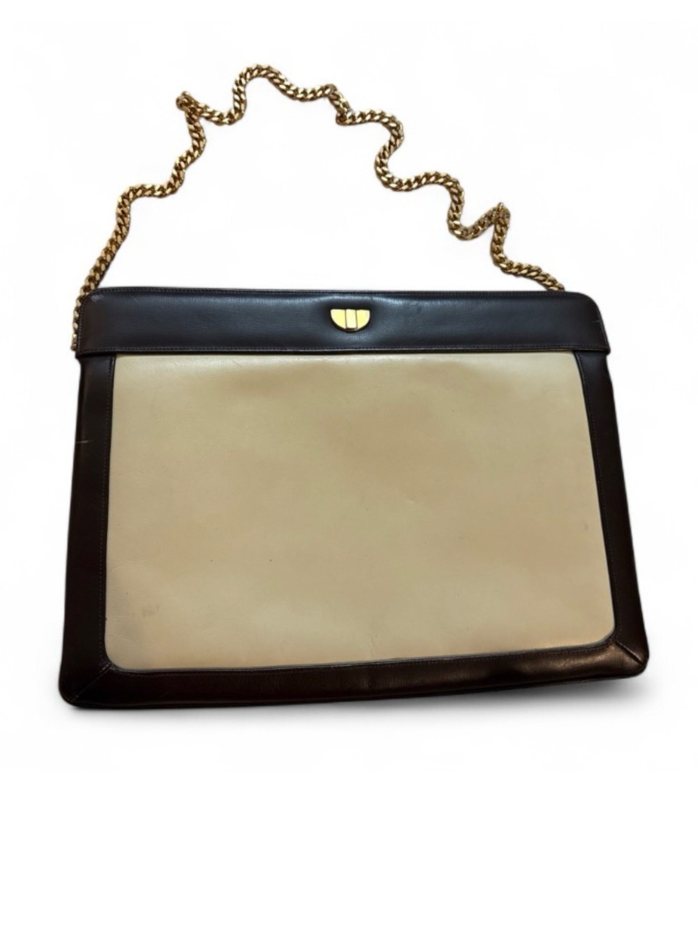 Two-Tone Cream and Dark Brown Leather Shoulder Bag with Gold Chain